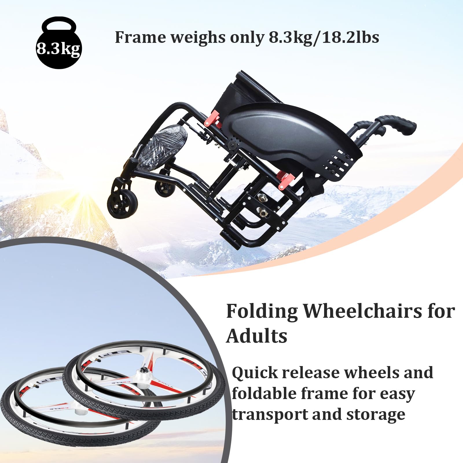 Silla de Ruedas Autopropulsable para Adultos, para Deportes, Ligera, autopropulsable, Aluminio, de tránsito, Estrecho(40cm/15.7in Seat,Daily)