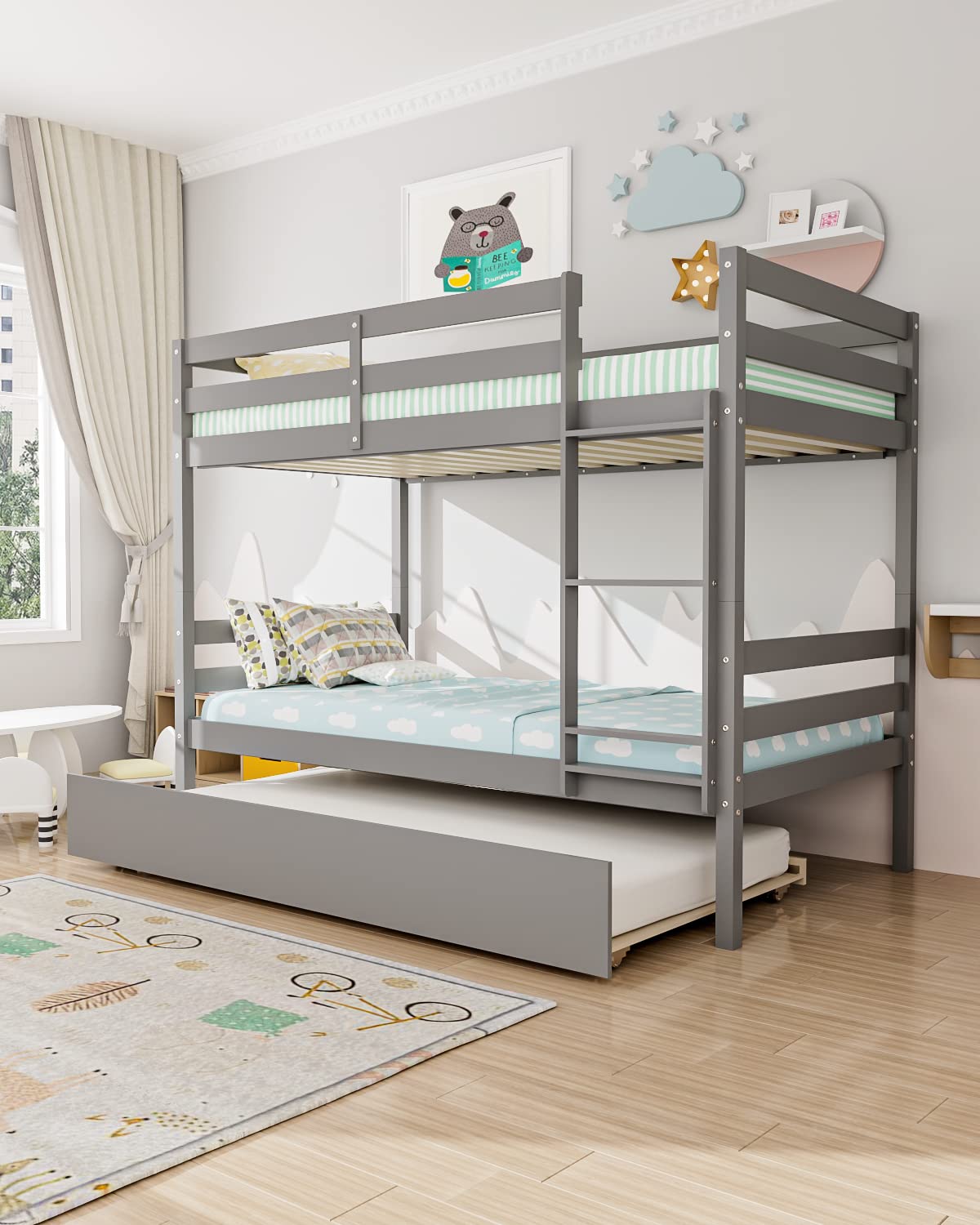 Buy Twin Over Twin Bunk Bed with Trundle,Kids Bunk Beds Convertible to