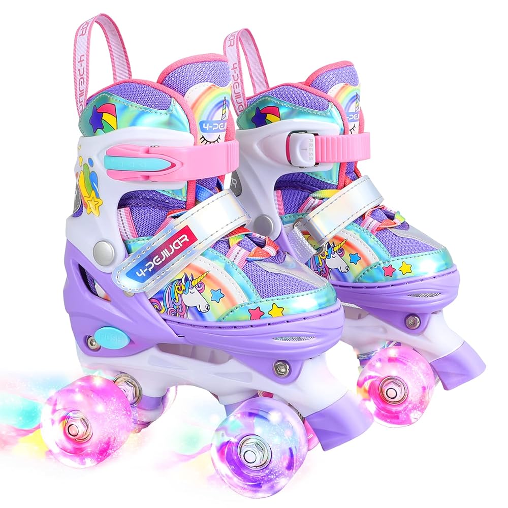 Rainbow Unicorn Kids Roller Skates for Girls Boys Toddler Ages 8-12,4-Pejiijar Adjustable Roller Shoes with Luminous Wheels for Birthday Xmas Gifts.
