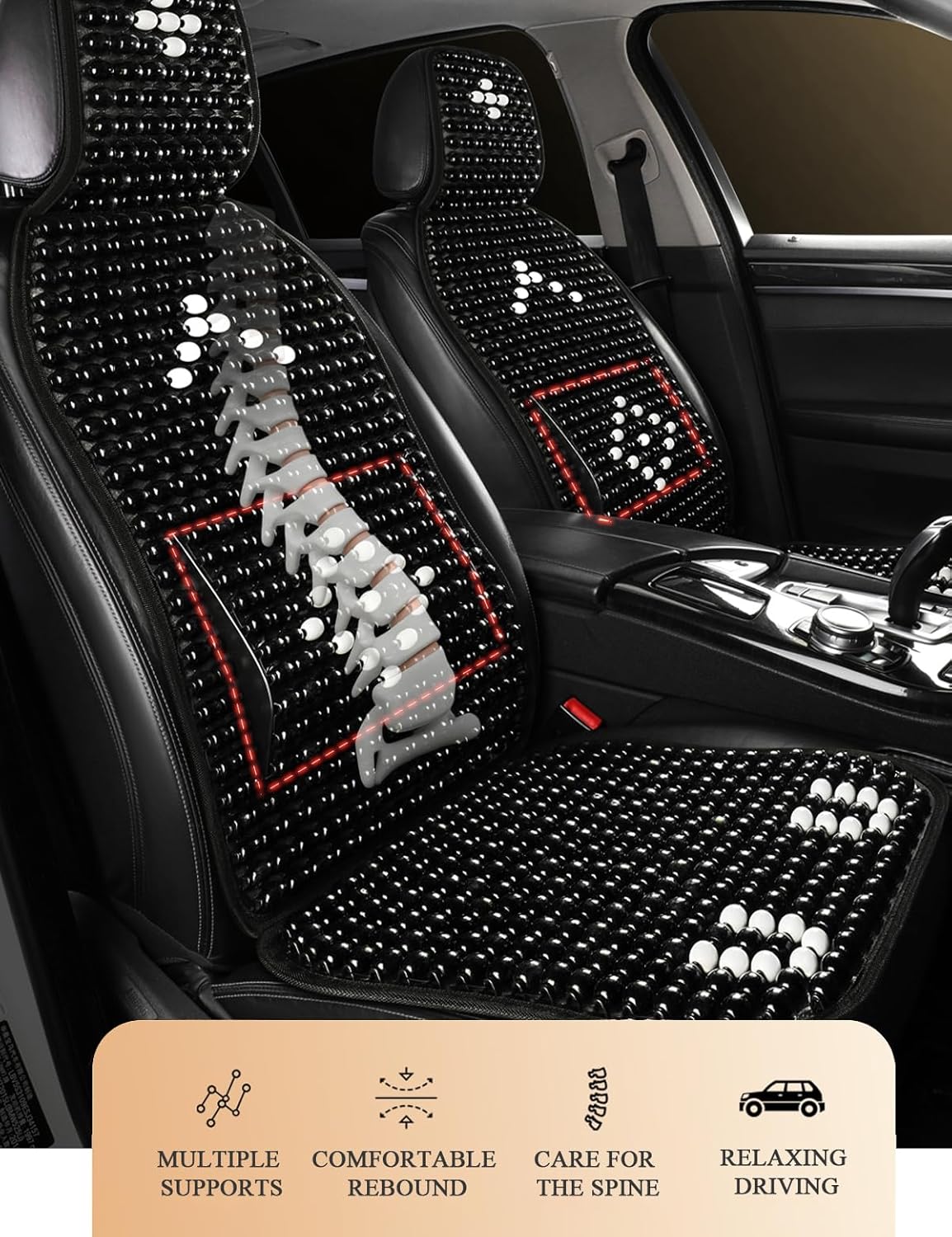 Wood Beaded Car Seat Cover Massaging Breathable Cooling Natural Wood Bead Cushion Universal Fit for Sedan, SUV & Truck. The Ergonomic Lumbar Support Can Relieve Painful from Long Trips