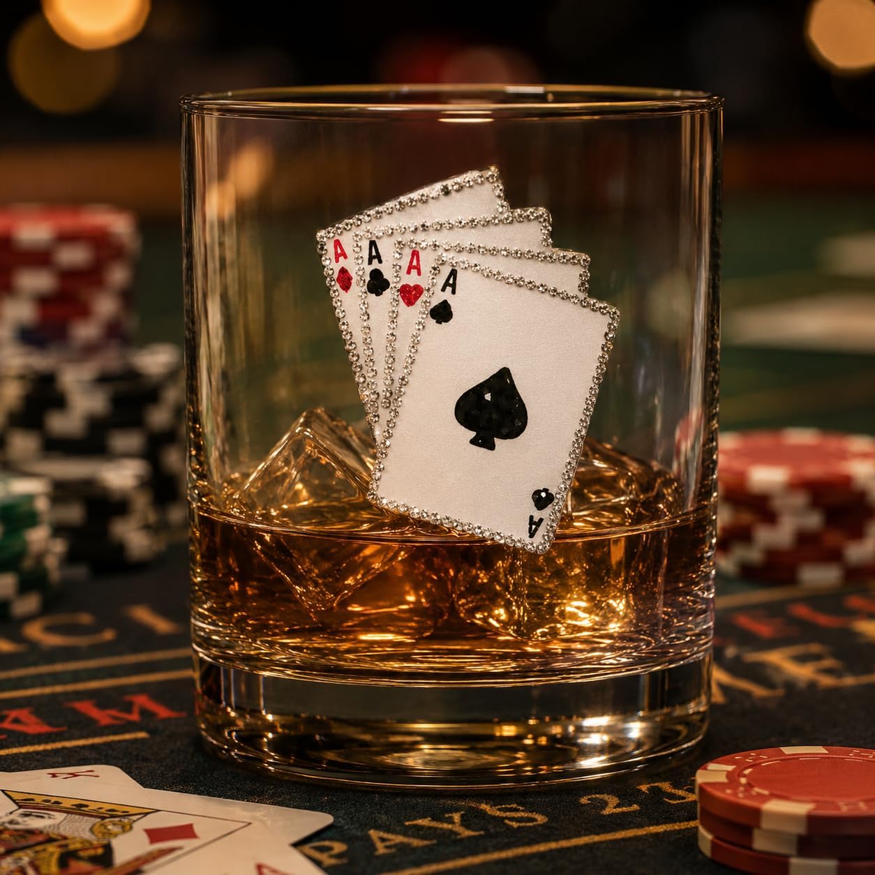 THE QUEENS' JEWELS Playing Cards Jeweled Double Old Fashioned, 14 oz. - Unique Gift for Women, Birthday, Cute, Fun, Cocktail, Not Painted, Decorated, Bling, Bedazzled, Rhinestone