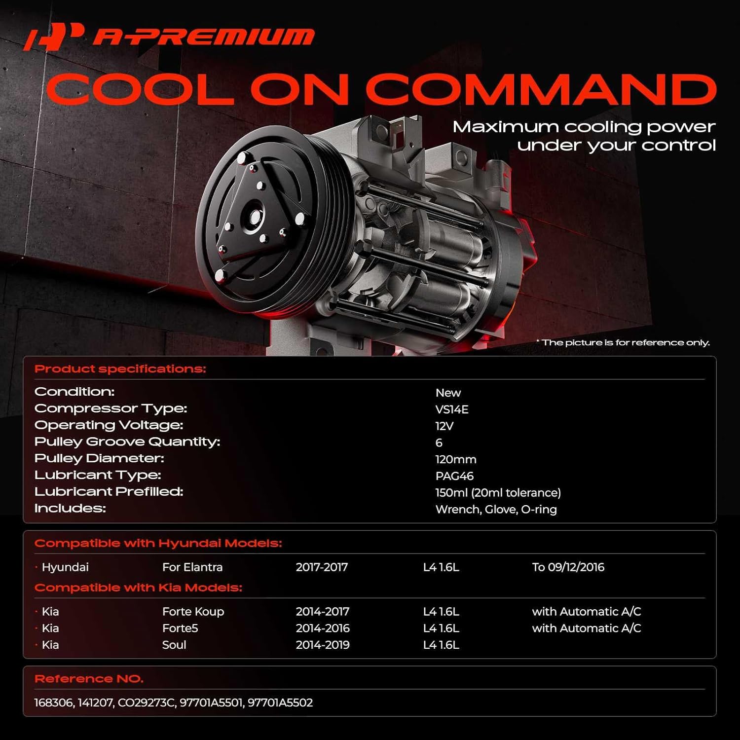 A-Premium Air Conditioner AC Compressor with Clutch Compatible with Kia Soul 2014-2019, Forte5 2014-2016, Forte Koup 2014-2017 & Hyundai Elantra 2017, only fit 1.6L engine