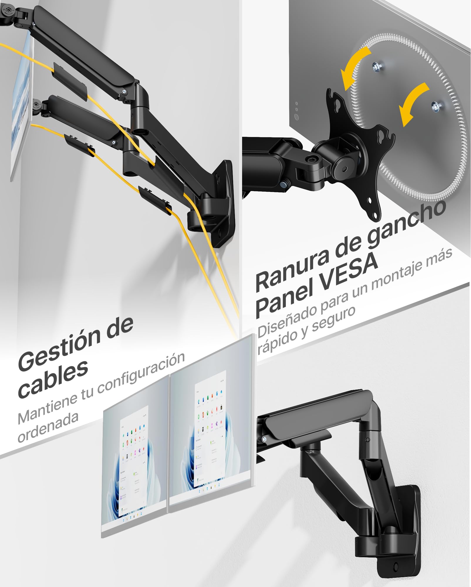 monTEK Soporte de pared para 2 monitores de 17 a 32 pulgadas hasta 9 kg | Giratorio, inclinable y giratorio, altura regulable, VESA 75 x 75/100 x 100