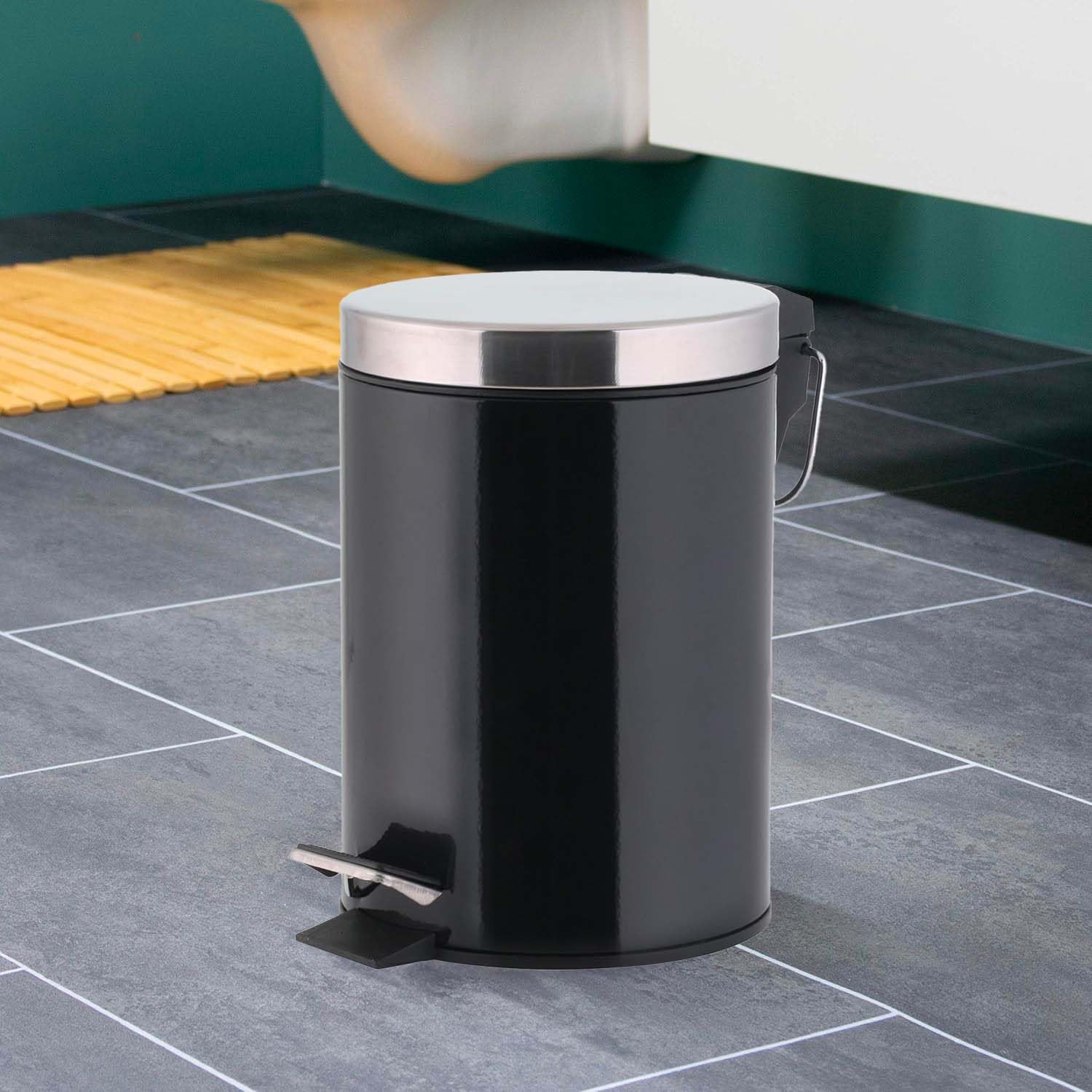 Avilia Cestino per Spazzatura a Pedale - Pattumiera con Inserto Rimovibile, Antiodore, Ideale per Bagno, Cucina o Ufficio, in Acciaio Inox Nero, 3L, Ø 17x25cm