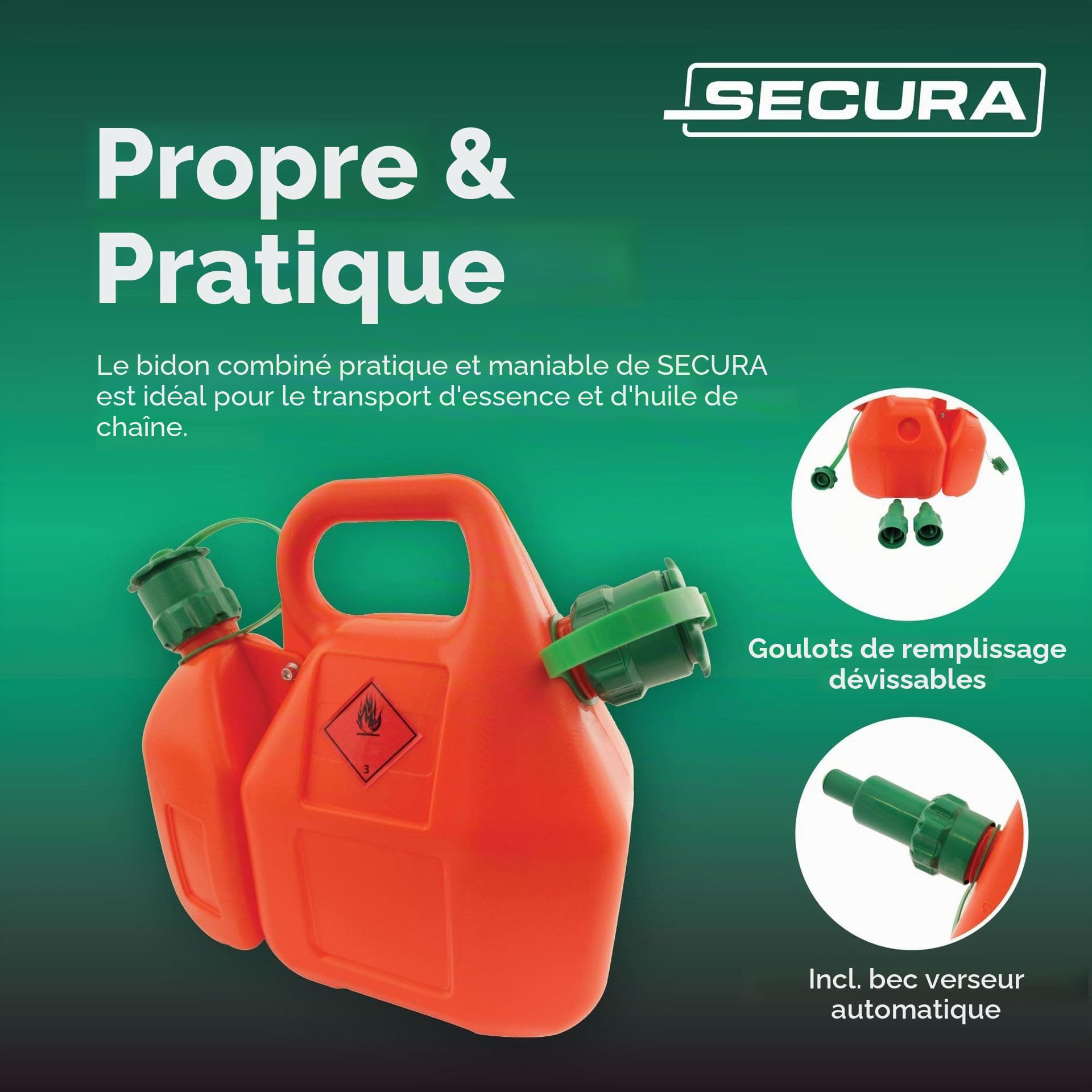 SECURA Bidon combiné 6L essence + 2,5L huile avec verseur automatique pour tronçonneuse