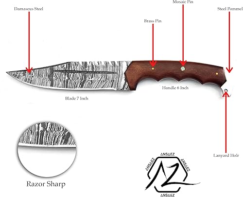 Miniatura 2 de ZEASNA ZE-HK-55 - Cuchillo de caza de Damasco hecho a mano con funda de cuero para pelar al aire libre, campamento, hoja fija, cuchillo Bowie con