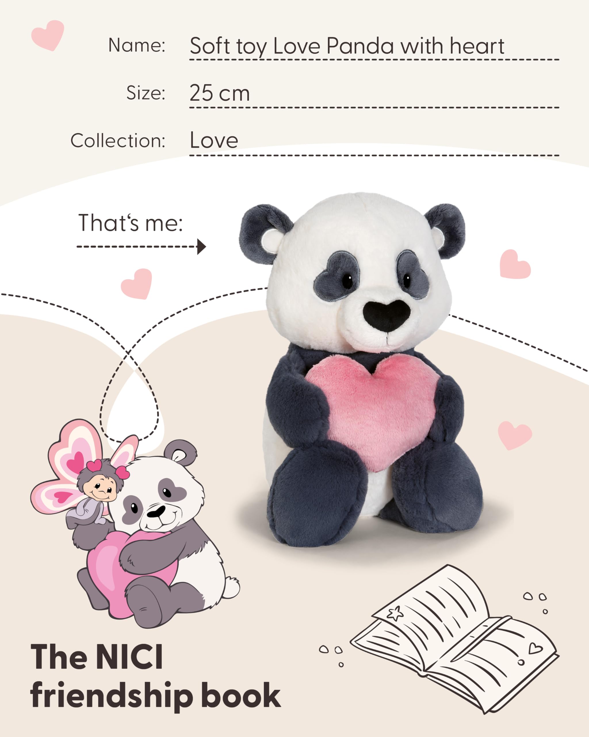 NICI Panda z sercem, miękki pluszak, urocza maskotka do przytulania i zabawy, świetny pomysł na prezent dla dzieci i dorosłych, 25 cm, czarna – 62609