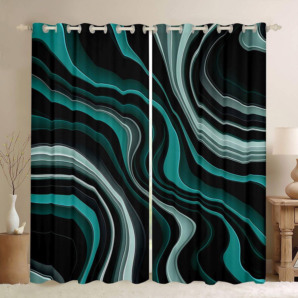 Rideaux de luxe à texture marbrée et rayures ornementales pour la chambre