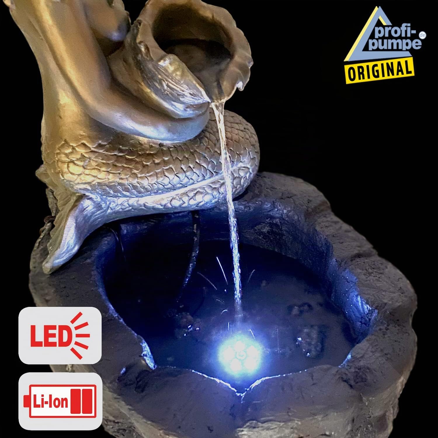Fuente Solar para jardín MEERJUNGFRAU Am TEICH, Cascada, luz para jardín Bomba para Estanque para balcón Modelo con función de Arranque instantáneo de la Bomba con batería de Iones de Litio y luz LED
