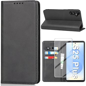 Vaki For Samsung Galaxy S25 Plus Case with Screen Protector Mobile Phone Case PU Leather Wallet Card Slot Flip Case Protective Cover for Samsung S25 Plus Flip Case Cover Coqu Case Mobile Phone Protection Black