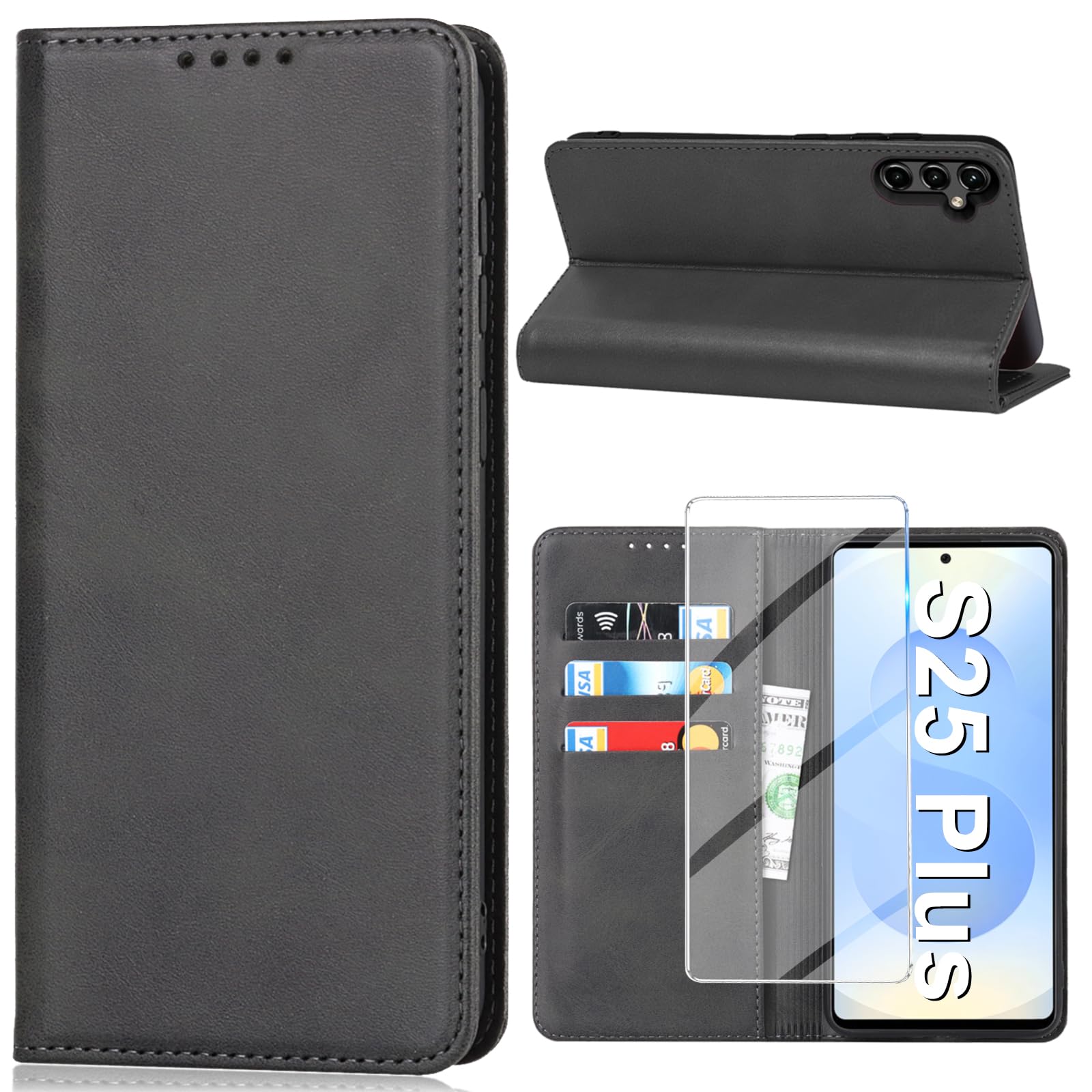 Vaki für Samsung Galaxy S25 Plus Hülle mit Schutzfolie, Handyhülle PU Leder Wallet Kartenfach Klapphülle, Schutzhülle für Samsung S25 Plus Flip Case Cover Coqu Tasche Handyschutz (Schwarz)