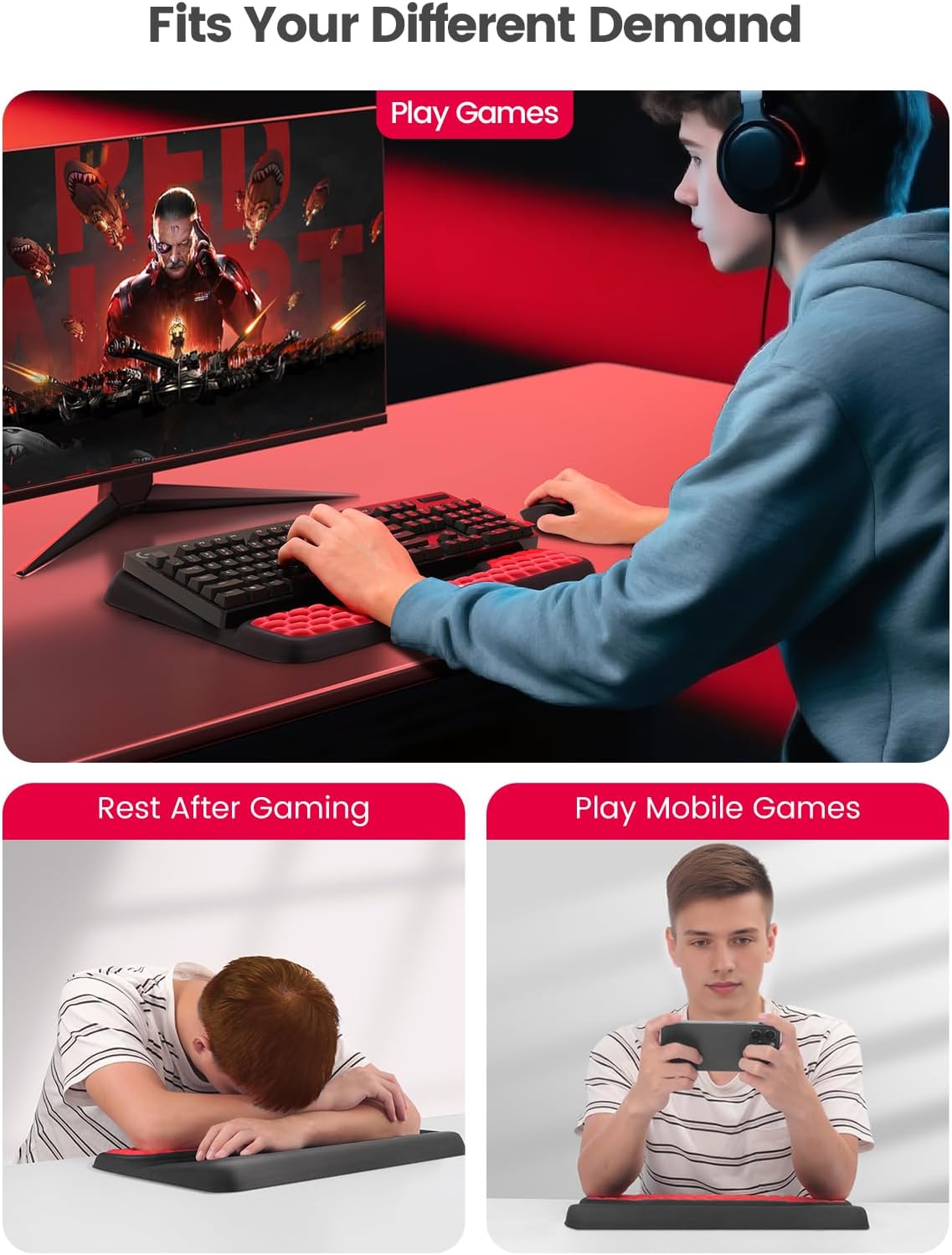 Vaydeer Keyboard Stand with Wrist Rest, Gaming Wrist Support Pad, Ergonomic Hand Rest Arm Soft Memory Foam for Palm Typing Comfort, Keyboard Riser Holder Lifter Computer Desk Accessory Office Home-Red - Image 5