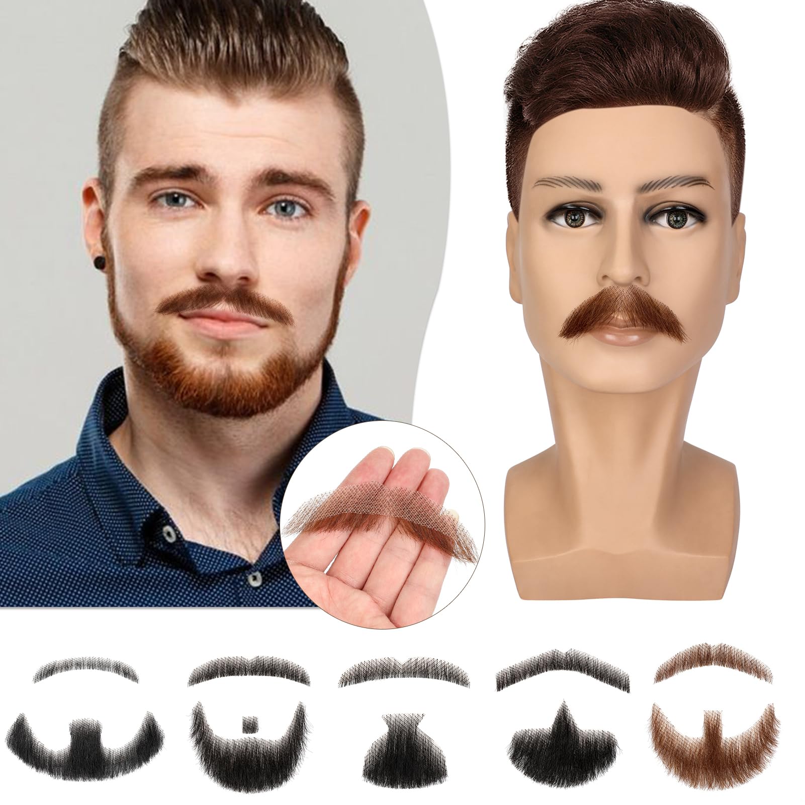 Fanguilar 100% Human Hair Full Hand Tied Lace Fake Mustache Goatee Human Hair Fake Beard Realistic Makeup for Drama/Party/Entertainment/Movie Prop for