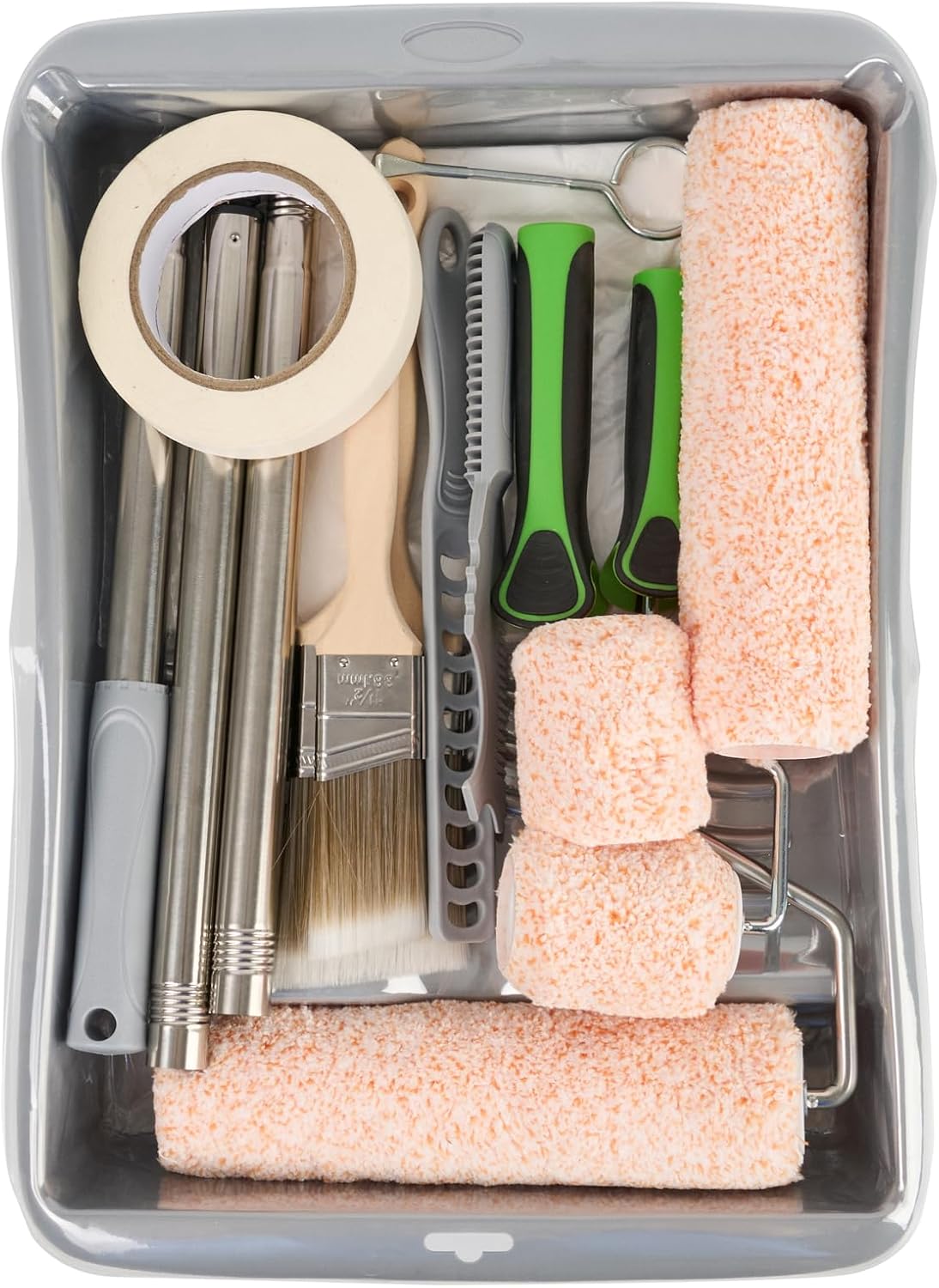 Restaurantware Paint Roller Kit 18-Piece Set 9" 3" Microfiber Covers, Roller Frames, Angled Brushes, Extension Pole, Paint Tray Liners, Drop Cloths, Masking Tape, Stir Bar, Cleaner, Can Opener