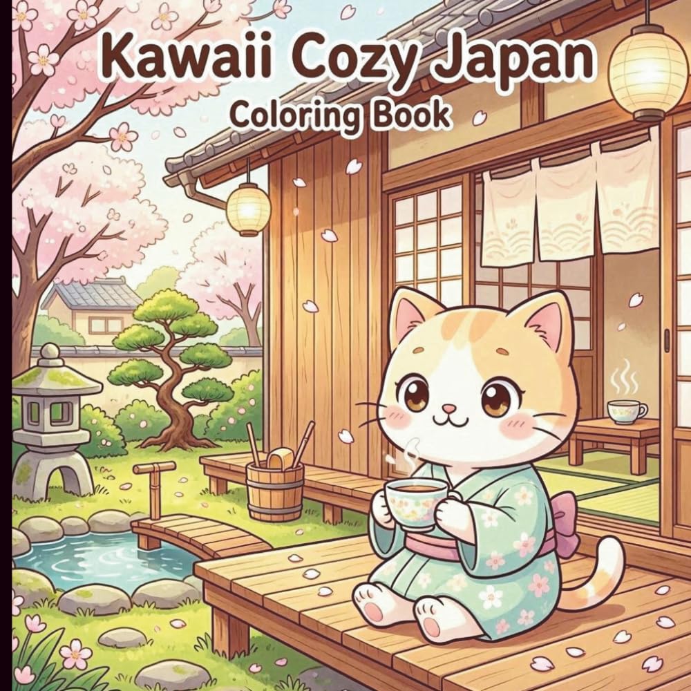 Kawaii Cozy Japan Coloring Book: Cute Bold and Easy Japanese Themed Illustrations to Color for Relaxation and Stress Relief for Adults & Teens