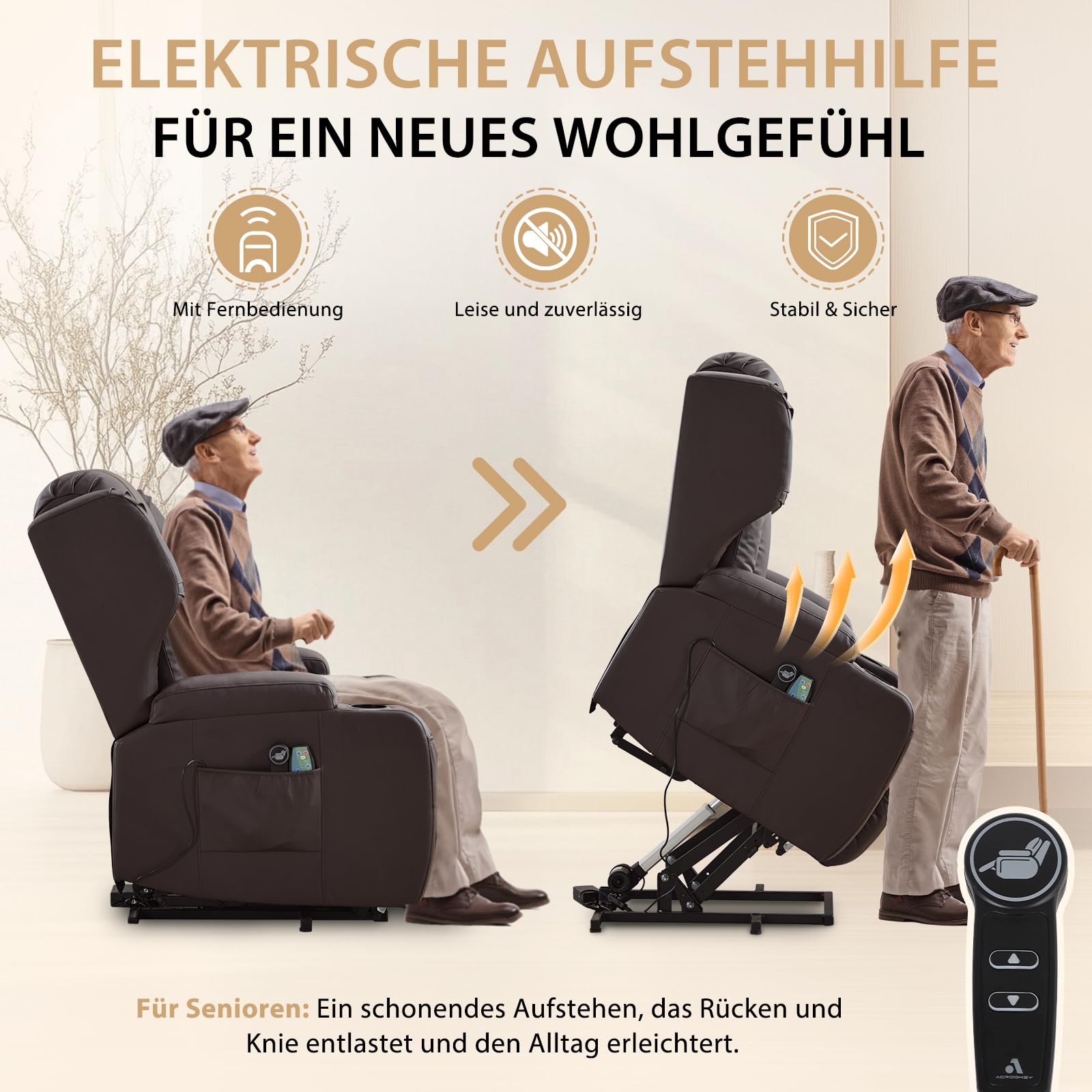 Elektrischer Sessel mit Aufstehhilfe Senioren, Elektrisch Verstellbarer Fernsehsessel mit Liegefunktion,Kinosessel mit USB & Getränkehalter,TV Sessel fürs Wohnzimmer (1, Braun)
