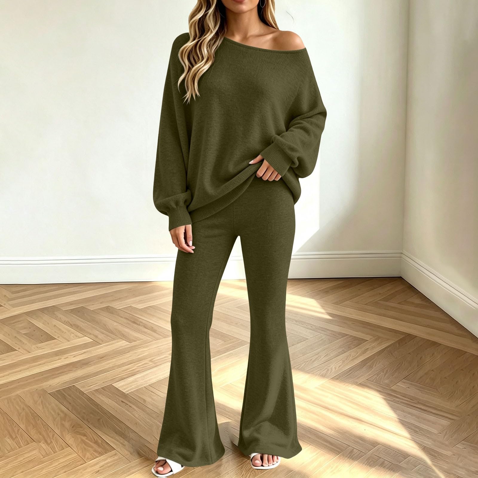 Tuta da donna elegante, 2 pezzi, a maniche lunghe, pantaloni lunghi | Maglione a maglia con scollo rotondo, in tinta unita, con pantaloni dritti, 2 pezzi, per il tempo libero