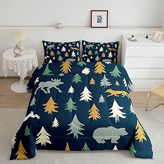 Moose Fox Comforter Set Full Size Soft Kids Nature Woodland Wild Animal Bedding Set with Pillow Case Farmhouse Bear Bathroom Lightweight Breathable Comforter