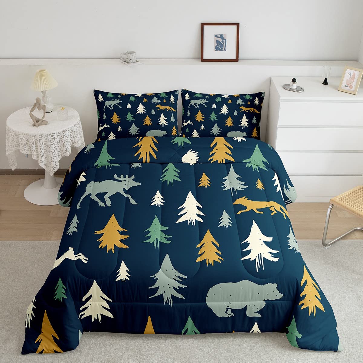 Moose Fox Comforter Set Twin Size Soft Kids Nature Woodland Wild Animal Bedding Set with Pillow Case Farmhouse Bear Bathroom Lightweight Breathable Comforter