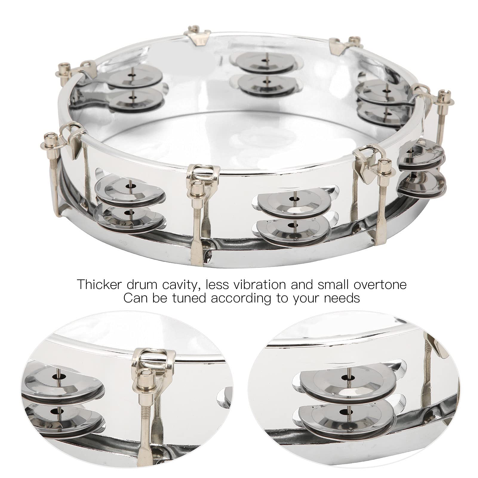 Pandereta de 20 cm de tono ajustable, percusión, instrumento musical educativo, campanas de platillo, campanas de doble fila con llave de tambor (transparente)
