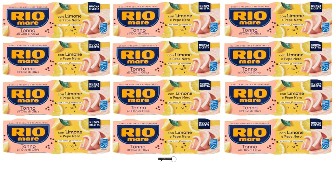 Rio Mare Tonno all’Olio di Oliva con Limone e Pepe Nero Thunfisch in Olivenöl mit Zitrone und schwarzem Pfeffer 12x195gr Packung mit 3 65g-Dosen + KEYRING ITALY SHOP SERVICE