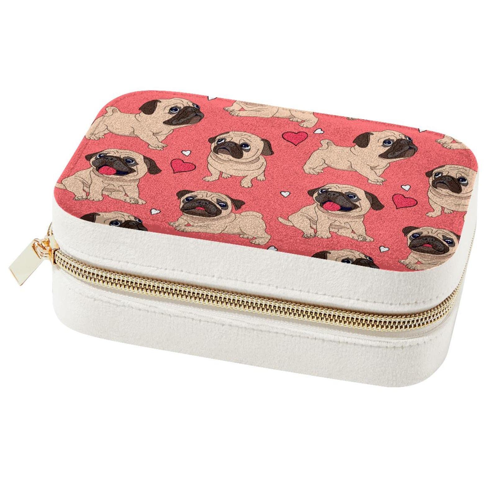 Boîte à bijoux de voyage carlin rose pour bagues et colliers