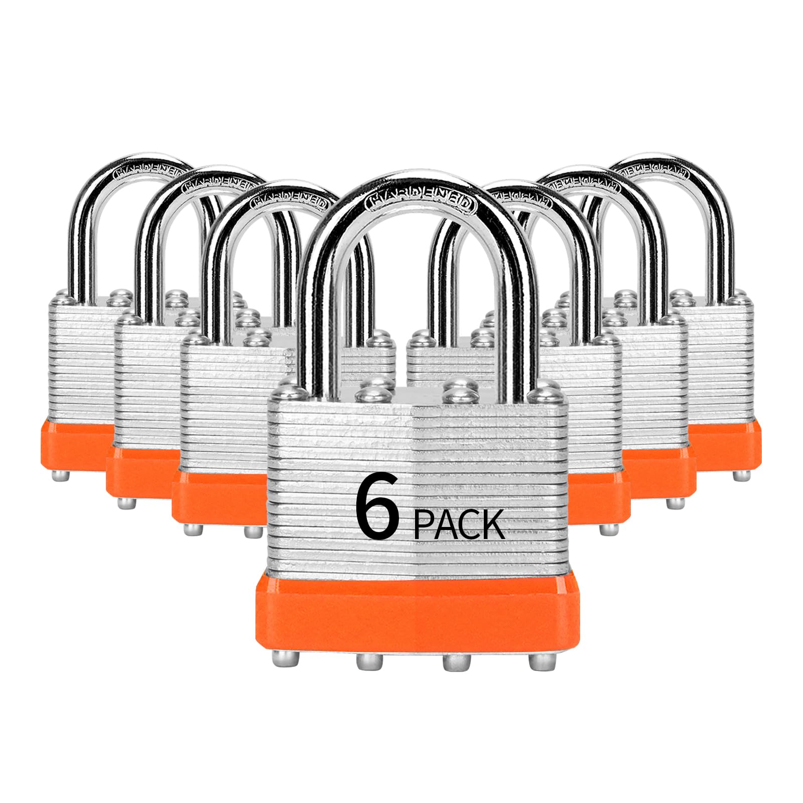 HZSY Laminated Steel Keyed Padlock (1-9/16", 40mm)，Keyed Alike Locks，Packed of 6，Normal Shackle Padlocks，Orange Plastic Hoops，for Toolbox，Locker & StorageUnit or More