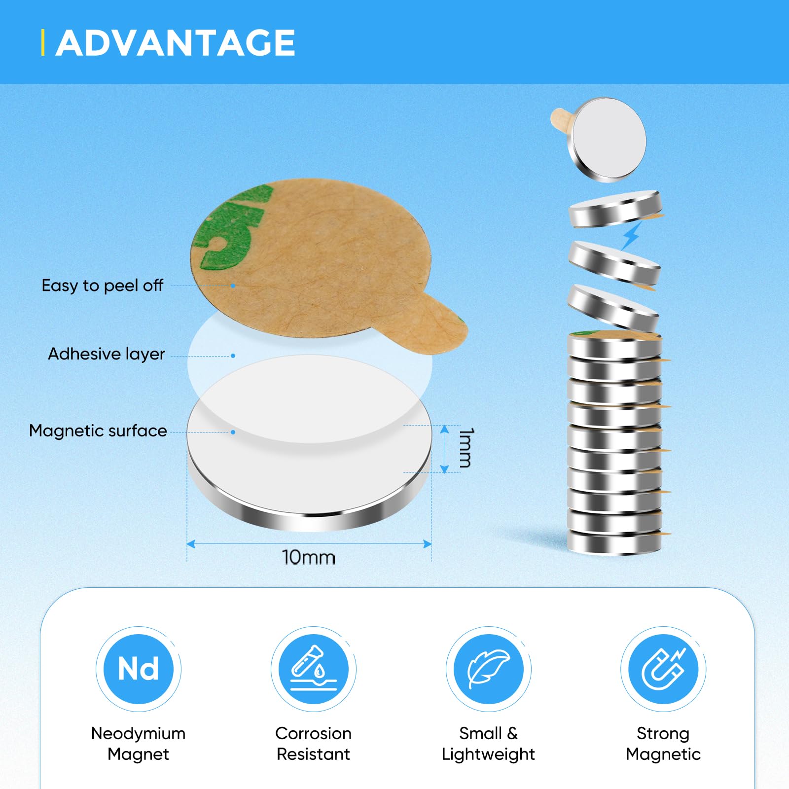 UTOMAG 60 Piezas Imanes de Neodimio Adhesivos Fuertes 10×1mm, Imán Redondos Autoadhesivos Potentes y Pequeños, Ideales para Refrigerador, Fotos, Manualidades, Pizarras Magnéticas, Cocina y Oficinas