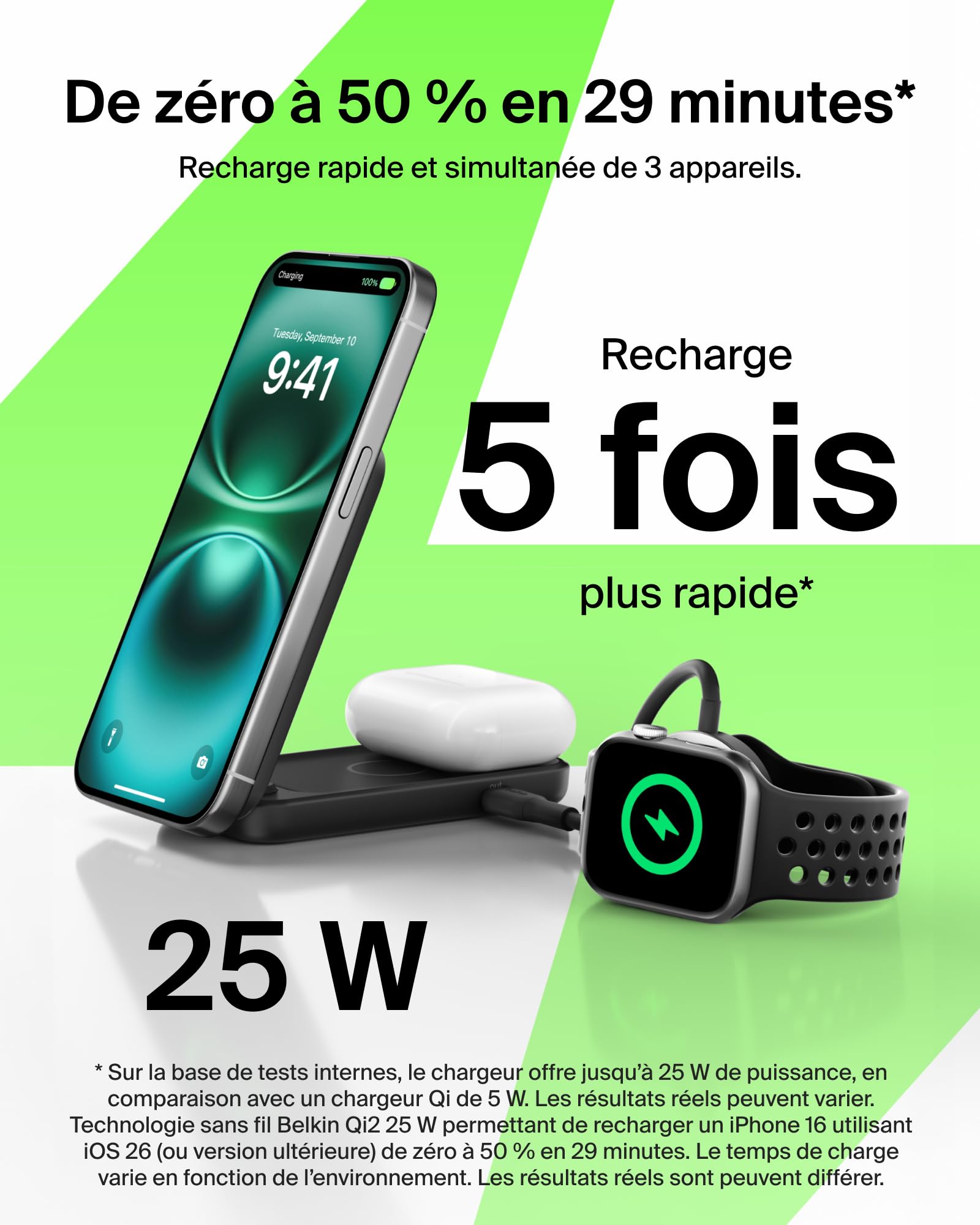 Belkin UltraCharge Chargeur Induction Qi2 25W, Station de Charge 2 en 1 pour iPhone 17, iPhone Air, AirPods, Pixelsnap, Compatible avec MagSafe avec Port-USB-C et Adaptateur 45W - Noir