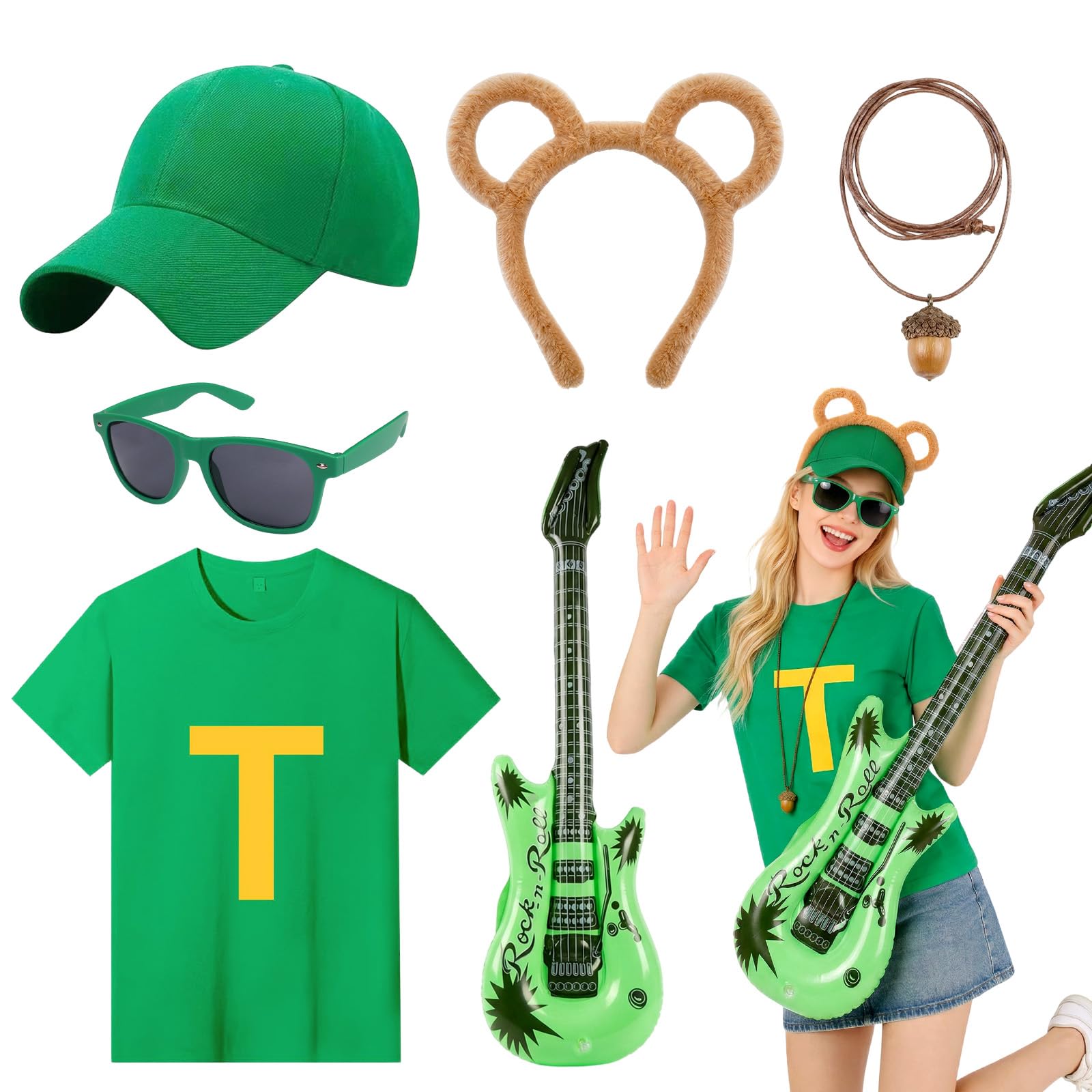 6Pcs Chipmunks Costume Set for Adults Chipmunk Fancy Dress Set including T-Shirt Baseball Cap Chipmunk Ears Headband Glasses Acorn Necklace Inflatable Guitar for World Book Day Halloween