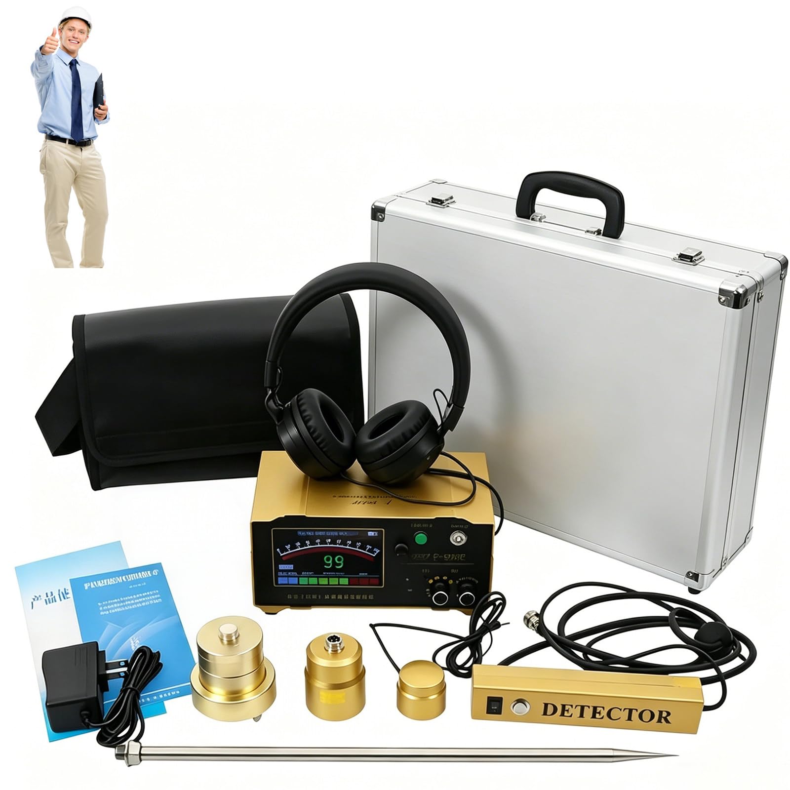 CLEASEBILY F999E Underground Water Leak Detector – Non-Destructive, 200-3000Hz Adjustable, with Headphone & Case, for Construction Sites & Plumbers