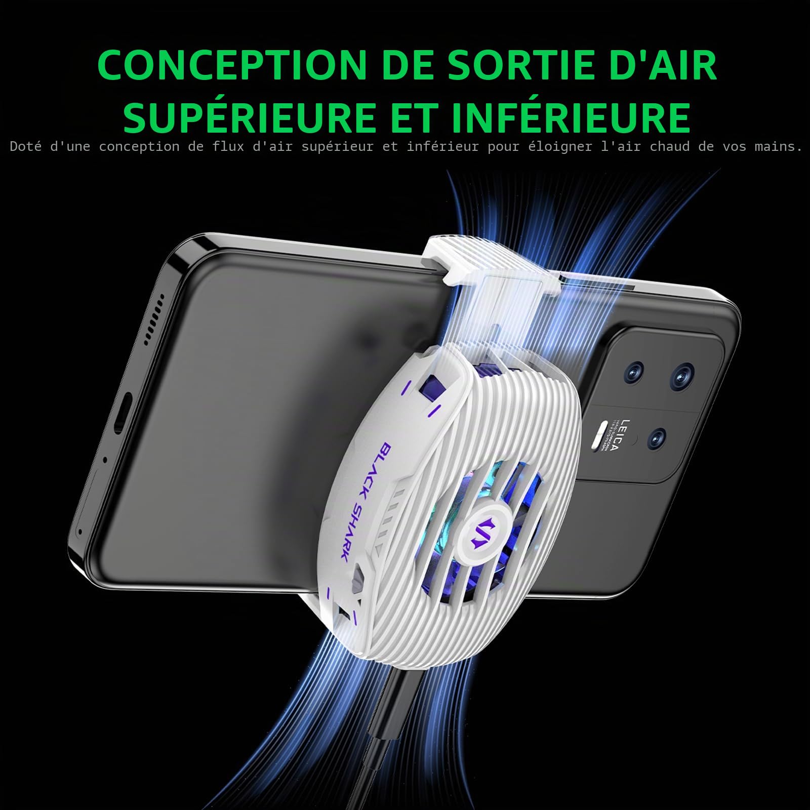 Black Shark Cooler 5 Neo Ventilateur de refroidissement pour smartphone filaire léger et silencieux avec éclairage RVB (blanc)