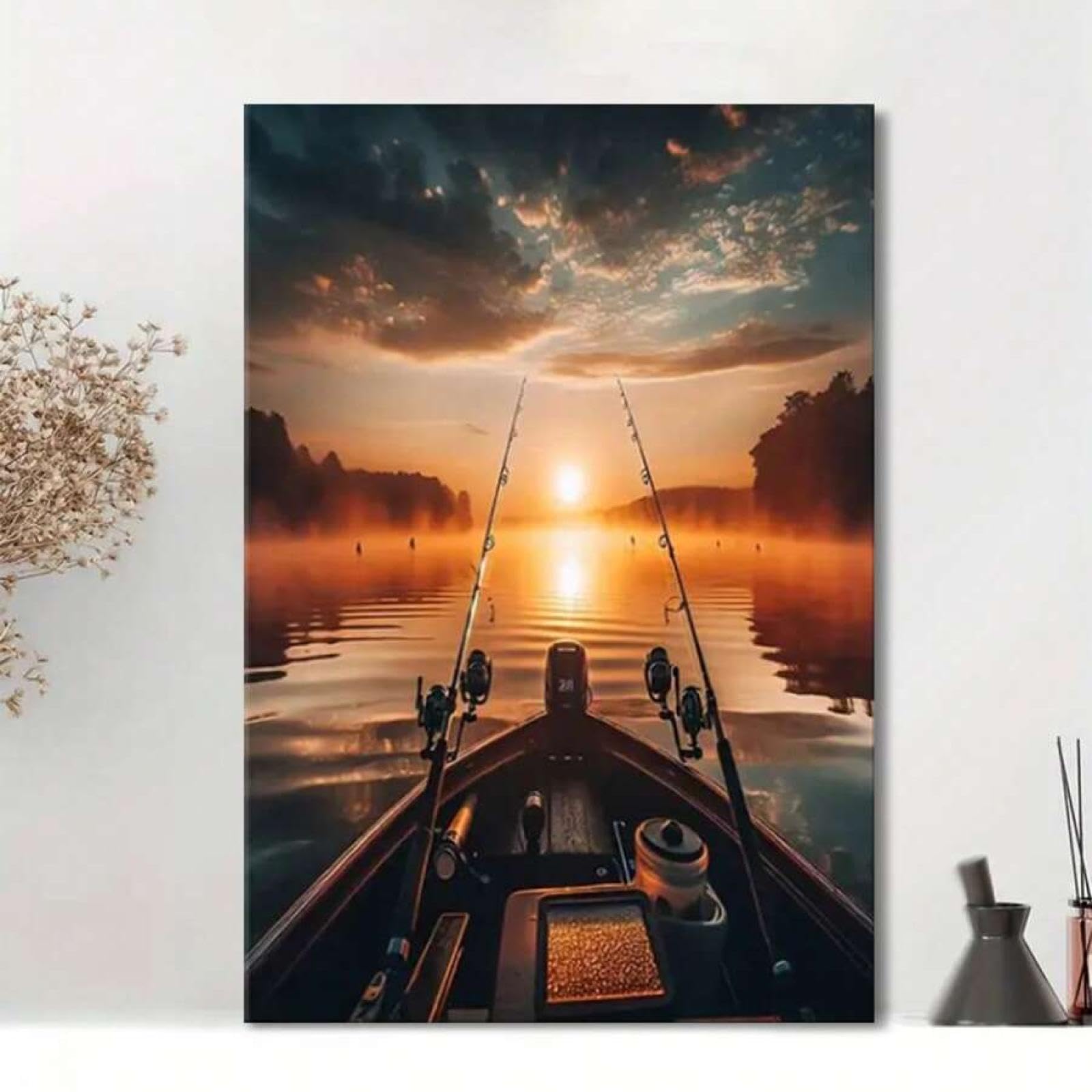 XBTYKPB Fishing Sunrise Canvas Print - Wall Art With Tranquil Lake & Boat Scene - Anglers & Nature Enthusiasts, Coastal Painting 80x120cm Frameless
