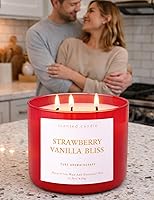 Vista 3 de Strawberry Vanilla Bliss - Vela perfumada de soja de 3 mechas de 15.8 onzas Vela grande de bayas y vainilla para el hogar Vela relajante
