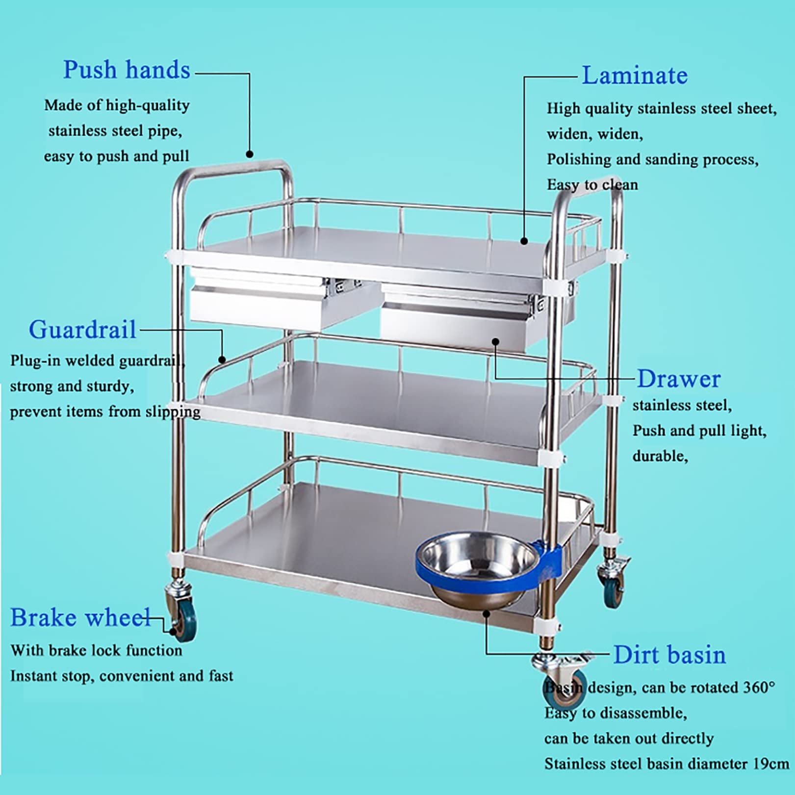 Chariot en Acier Inoxydable, Chariot De Chirurgie Médicale Dentaire, Chariot De Matériel De Beauté, Chariot De Soins Infirmiers Et De Pansement,Equipement Médical Chariot avec 2 Tiroirs