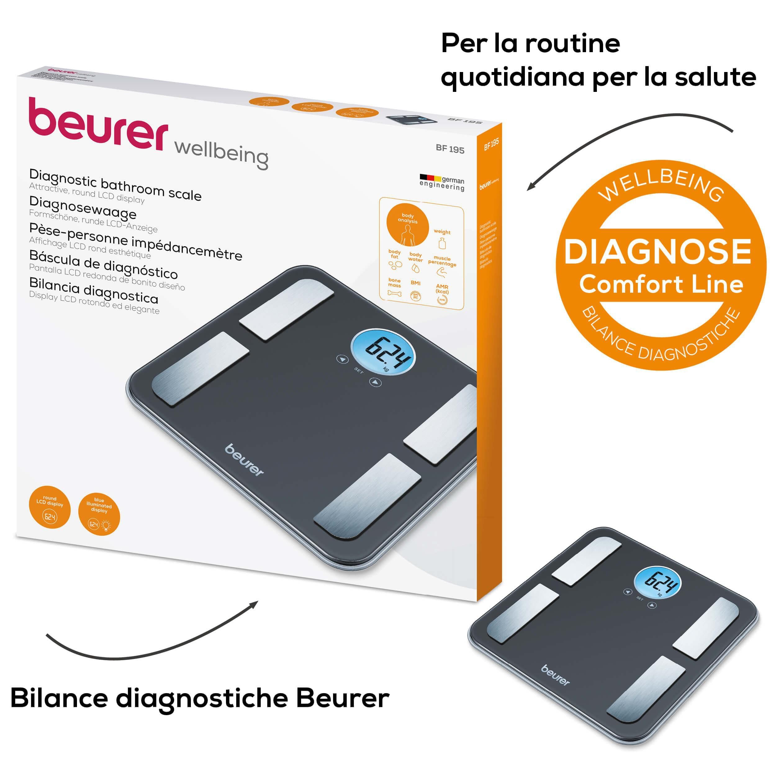 Beurer BF 195 Bilancia Diagnostica in Vetro, con Display LCD Rotondo, adatta per la determinazione del grasso corporeo, della percentuale muscolare e del fabbisogno calorico