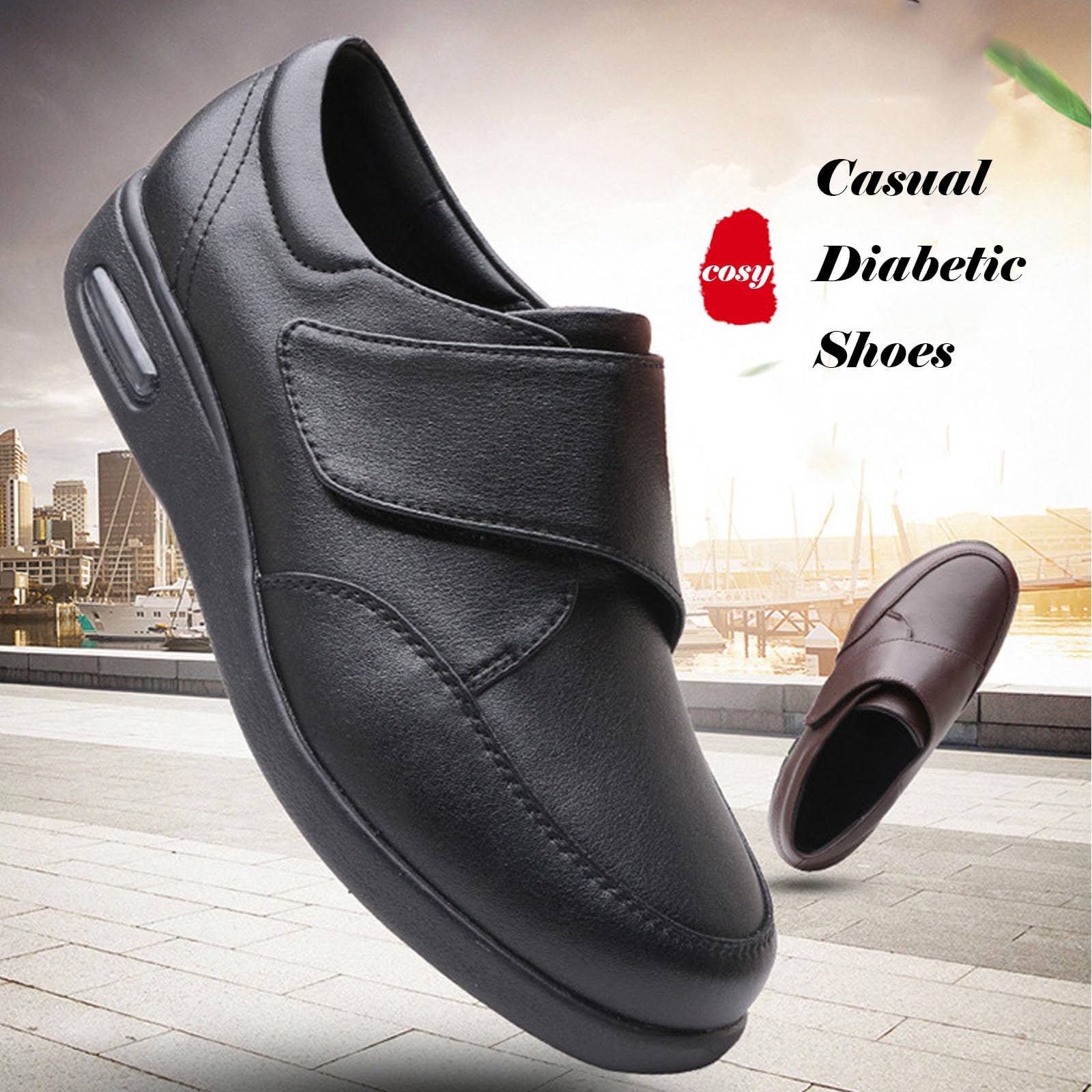 bumuam Scarpe Extra Larghe da Donna Uomo,Scarpe Funzionali Ortopediche Portatili in Pelle Nera per Regolabile Comfort per Sport Anziani Escursionismo EU 37.5(24.5cm/9.6in)