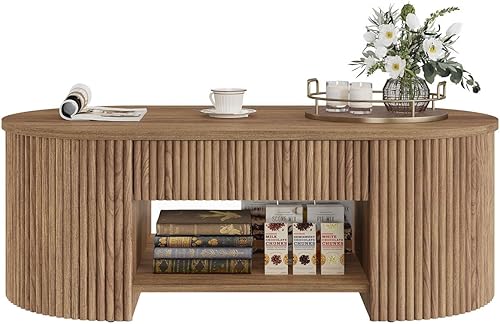 Miniatura 9 de FATORRI Mesa de café para sala de estar con almacenamiento, mesa central moderna de madera con cajón, mesas de sala de estar ovaladas de estilo