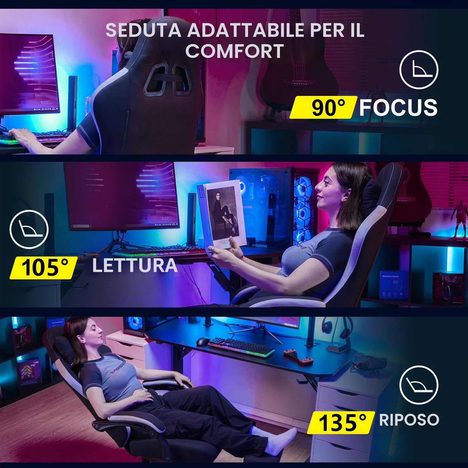 GTPLAYER Sedia da gaming, ergonomica, da scrivania, con superficie in tessuto, cuscino a molla, braccioli di collegamento e poggiapiedi, Nero