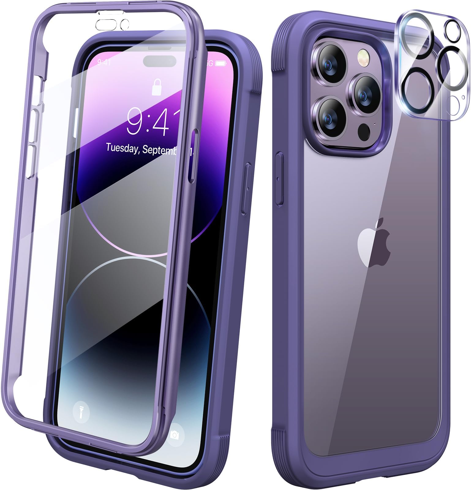 Diaclara Designed for iPhone 14 Pro Max Case 6.7’’, Full Body Rugged Phone Case w/Built-in Sensitive Anti-Scratch Screen Protector+9H Tempered Glass Camera Lens Protector(Royal Purple)