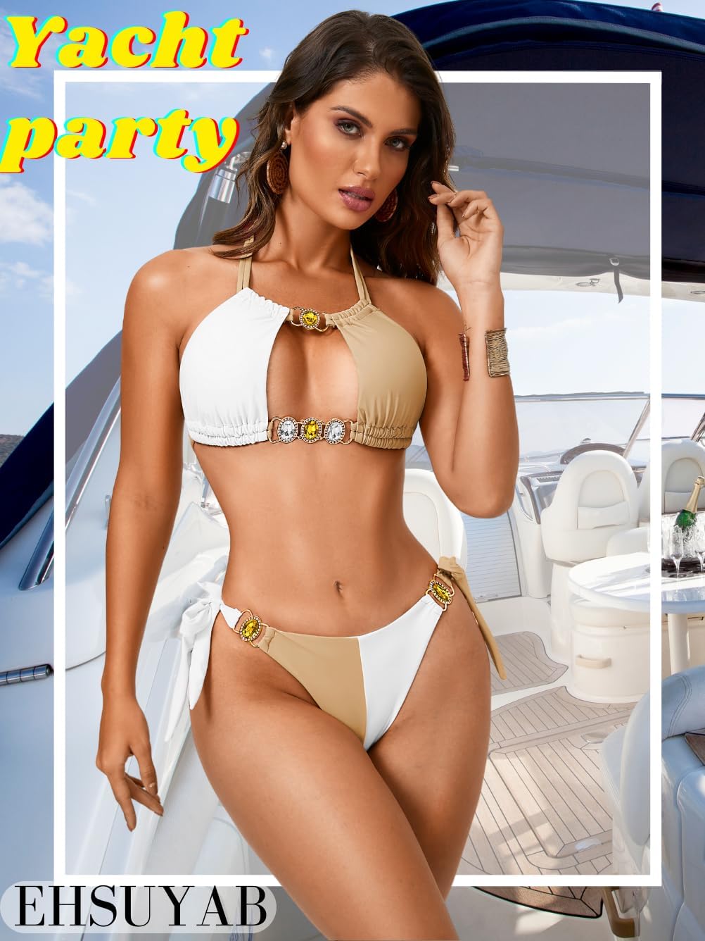 Sexy Women Color Block Swimsuit, Rhinestone Halter Thong Low Rise Bikini Set, Vacation Beach Pool Party Bathing Suits