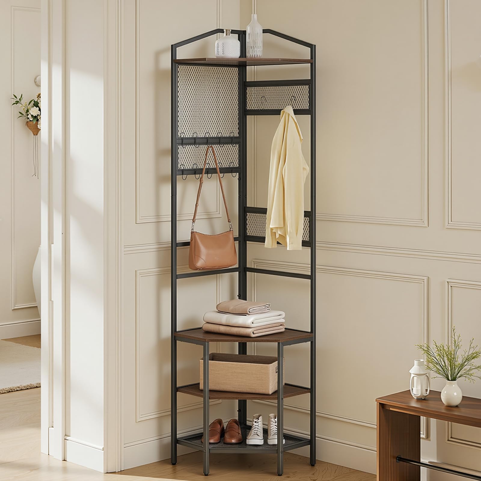VEVOR Perchero de Esquina 181 cm, Organizador de Ropa con Ganchos y Estante Superior, Armario Abierto con Zapatero, Recibidor de Ropa para Entrada Pasillos Dormitorio Sala de Estar, Marrón y Negro