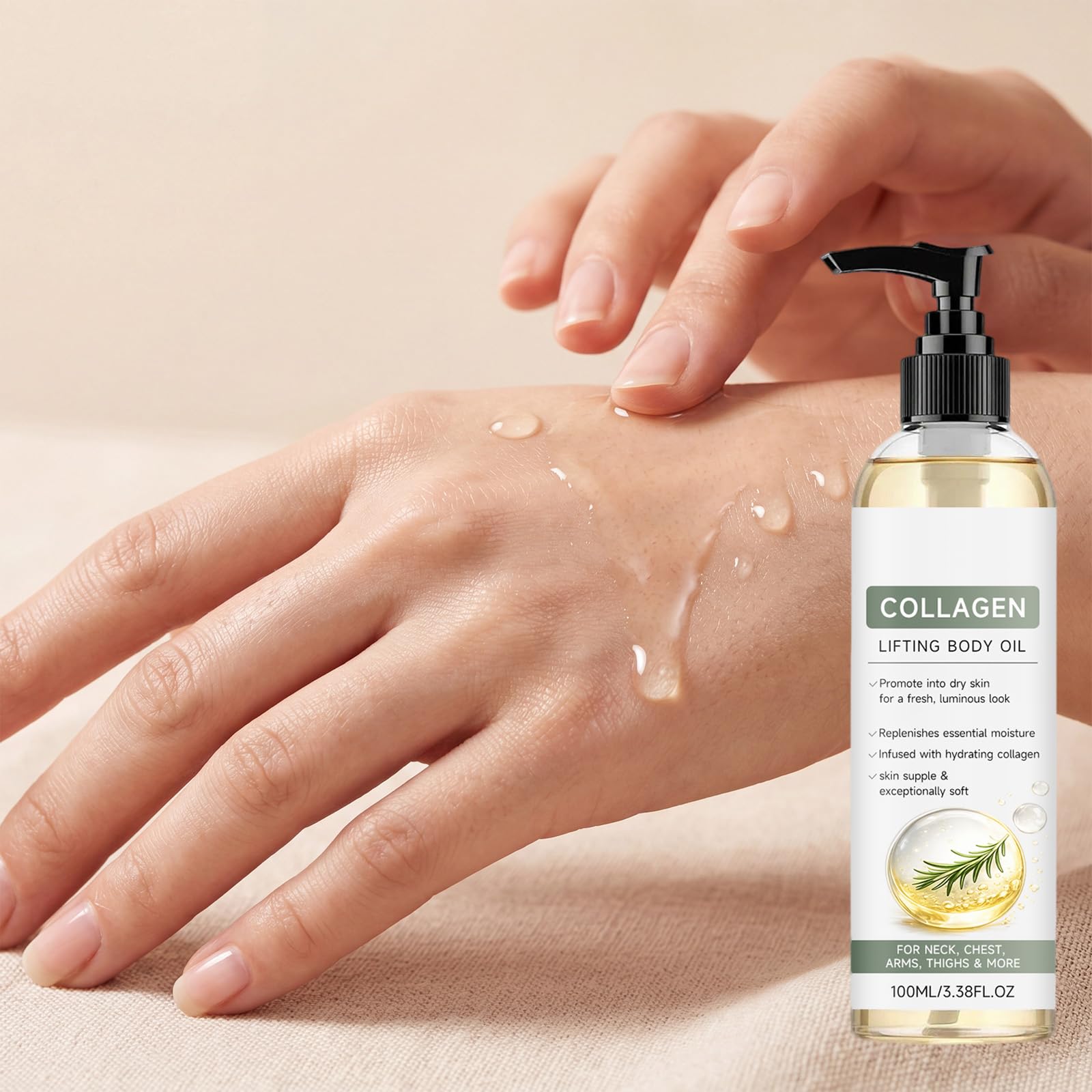 Olio per il corpo per lifting del collagene dopo la doccia, con formula idratante, ad assorbimento rapido, rassodante olio per la cura del collo, braccia e cosce, consistenza setosa per freschezza (6