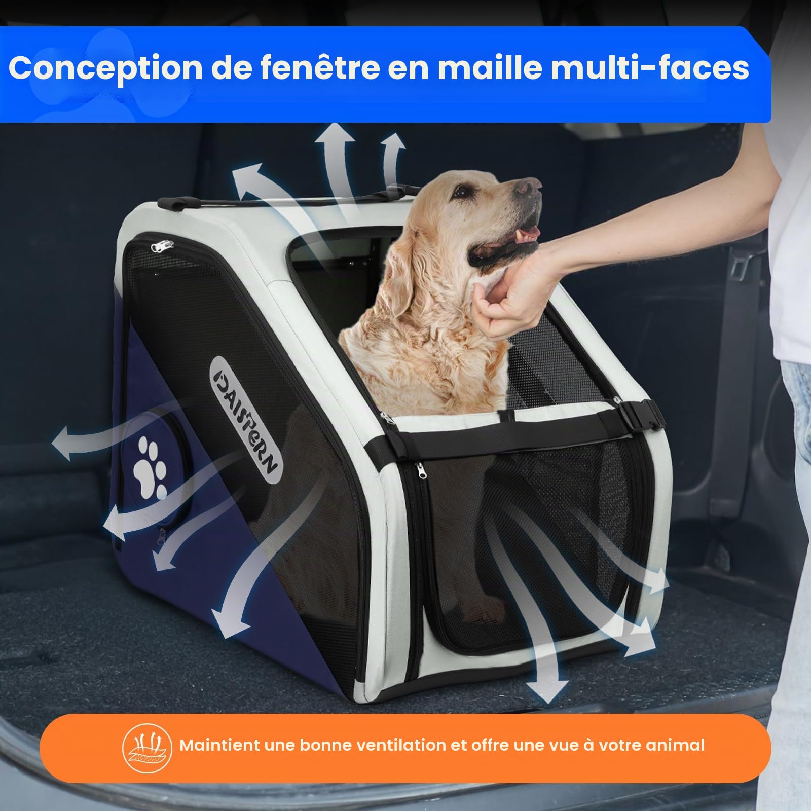 Cage de Transport Chien Pliable pour Voiture, Caisse de Voyage Souple pour Petits et Moyens Chiens, Cadre Métal Robuste, Fenêtres Maille Respirantes, Pliage Rapide, Bleu