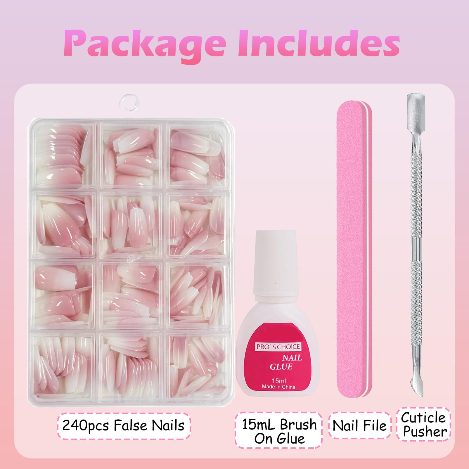 OKAQEE 240 Stück Falsche Nägel Tips Set - Französisch Full Cover Nageltips - Künstliche Nägel Nail Art Manicure Fake Nails für Damen und Frauen (Gradient Rosa Short DMDT-03, Normal)