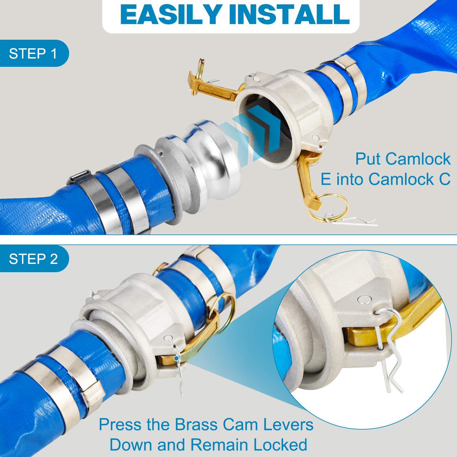 Manguera de descarga de 2 x 50 pies, manguera de lavado de agua plana de PVC resistente, manguera de drenaje de piscina duradera con accesorios CE de aluminio para bomba de agua y filtros