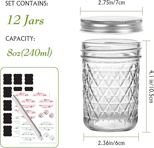 Miniatura 3 de Keketin tarros de albañil de 8 onzas con tapas plateadas, paquete de 12 tarros de vidrio de cristal para envasado 240ml tarros de boca ancha para