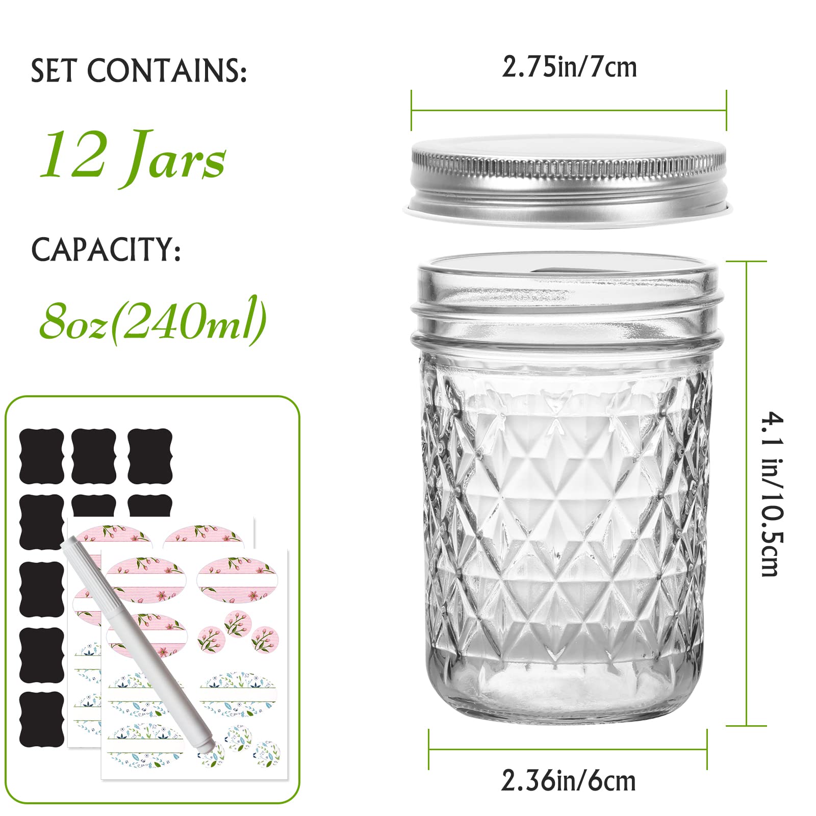 Yishik 8 oz Mason Jars with Silver Lids,12 Pack Glass Canning Jars 240ml Crystal Jelly Jars for Honey,Jam Preserving,Baby Foods,Party&Wedding Favors - Image 2