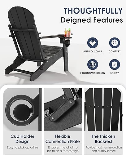 Miniatura 6 de Juego de 2 sillas plegables Adirondack para patio resistentes a todo tipo de clima, sillas exteriores resistentes con soporte para tazas, sillas de