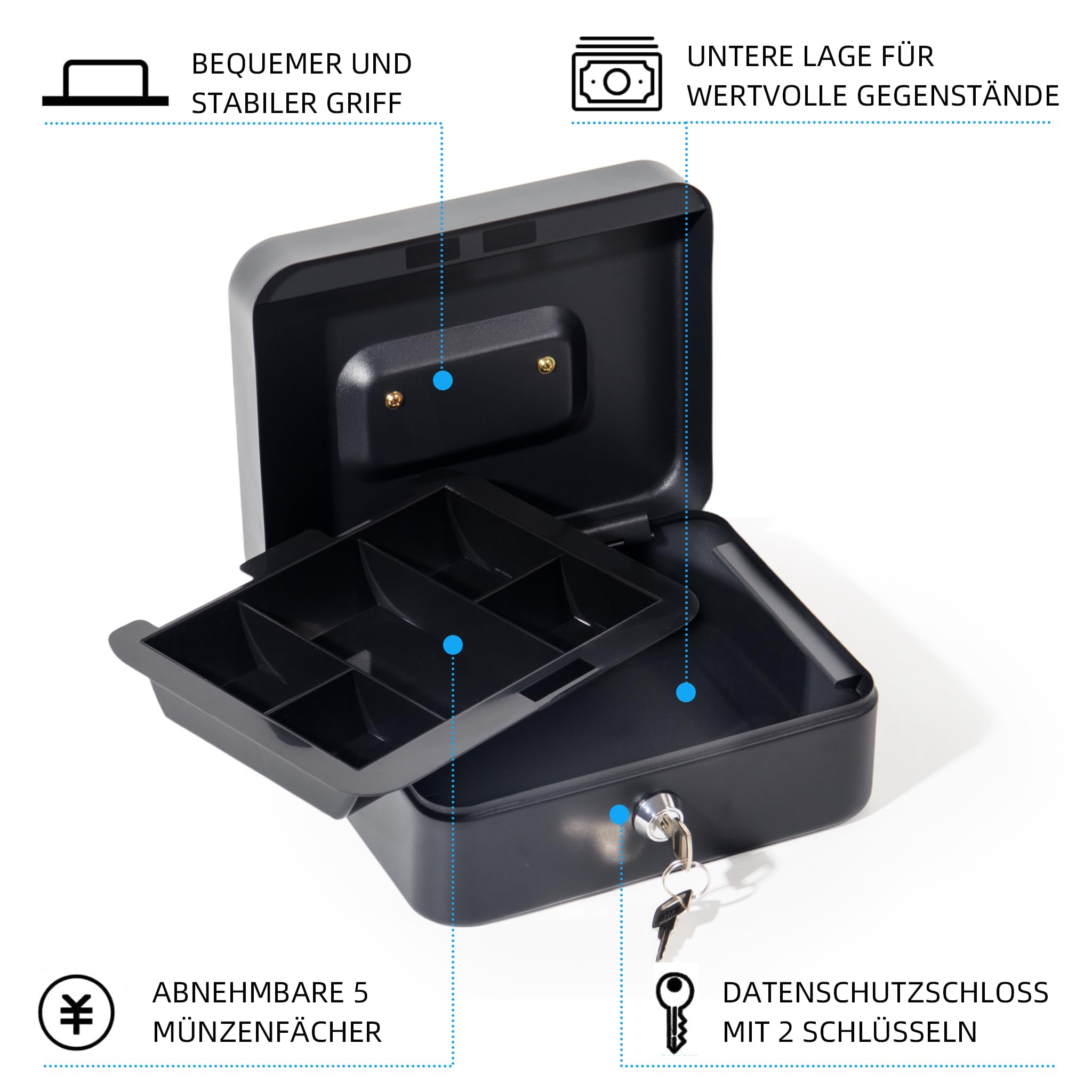 6 compartiments BLACK Caisse à monnaie verrouillable (compacte, 15 cm) Noir | Boîte